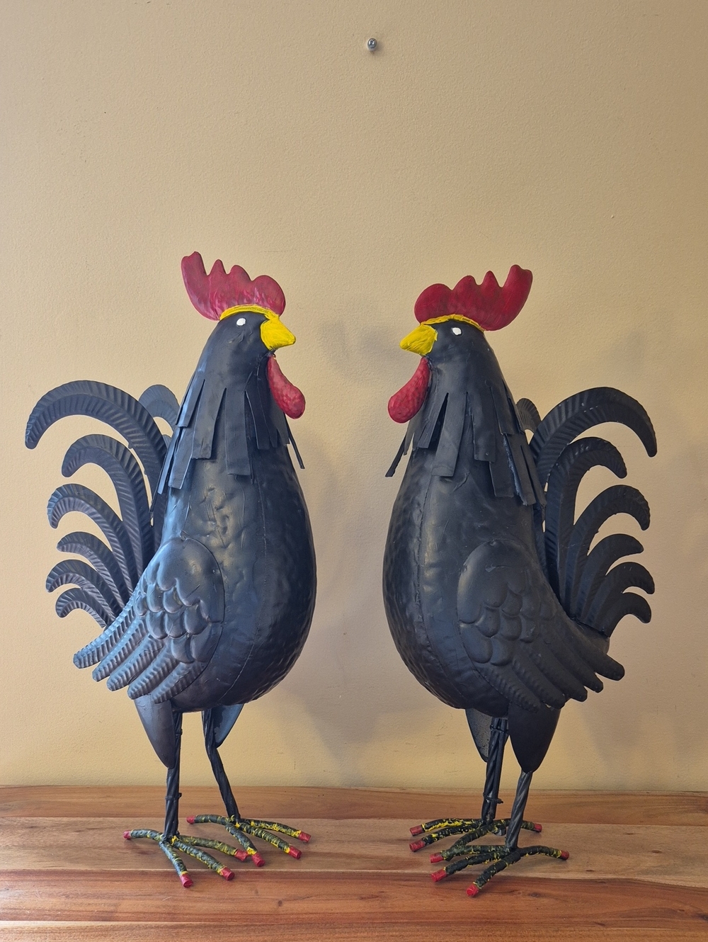 Rustic Pair of Large Life Size 19" Black Metal Farm Rooster Statues w/Red Combs